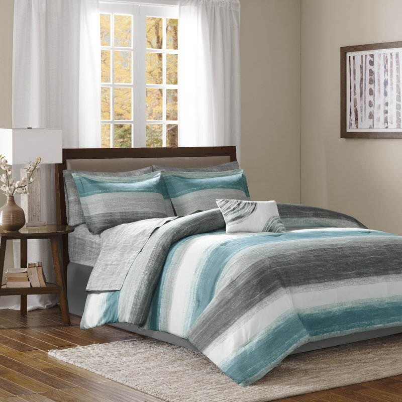 Aqua and Gray Queen Microfiber Bed in a Bag Set