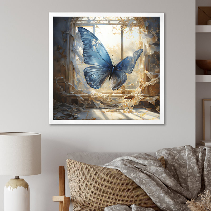 «Cottage Blue Butterfly Escape», art mural papillon, Cadre simple blanc, H 36 po x l 36 po x P 1,5 po