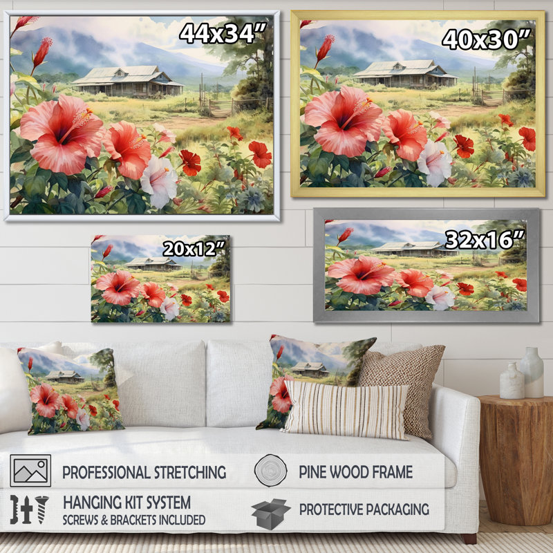 «Pink Green Hibiscus Harmony I» sur toile, Cadre photo argenté, H 16 po x l 32 po x P 1 po