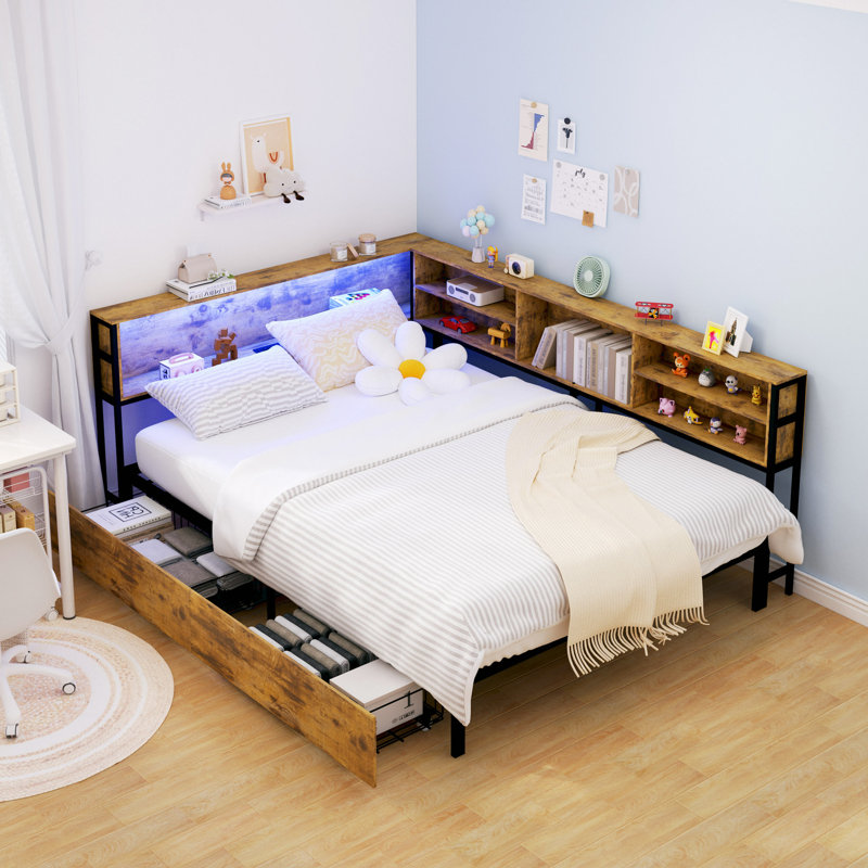 Corner Daybed With Storage, Bookcase Headboard, LED Light & Built-In Charging Station, Full, Brown