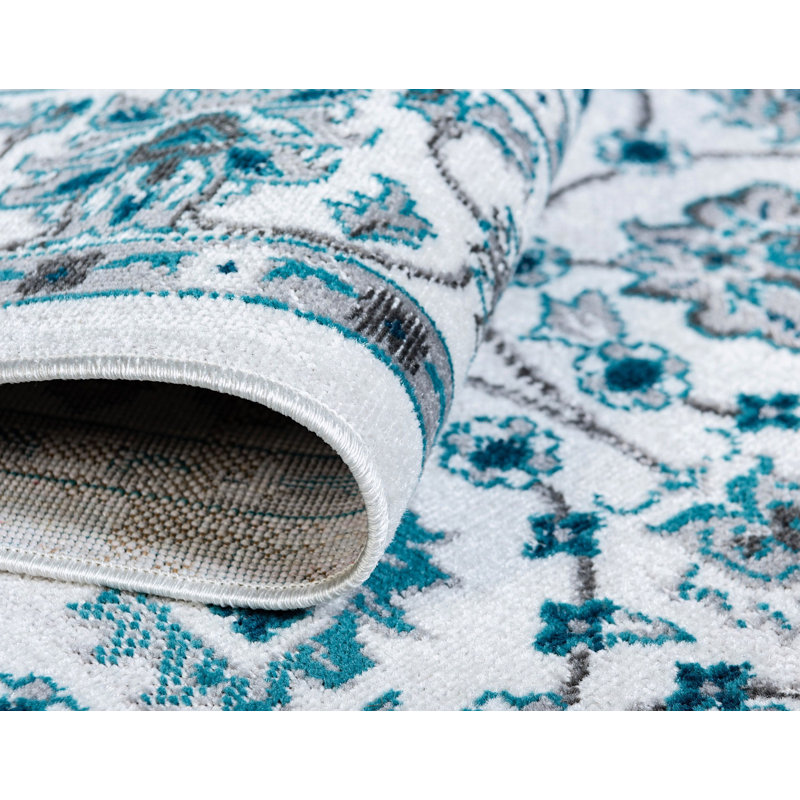 Tapis transitionnel de couleur beige et bleu Esveidy, Rond 8 pi