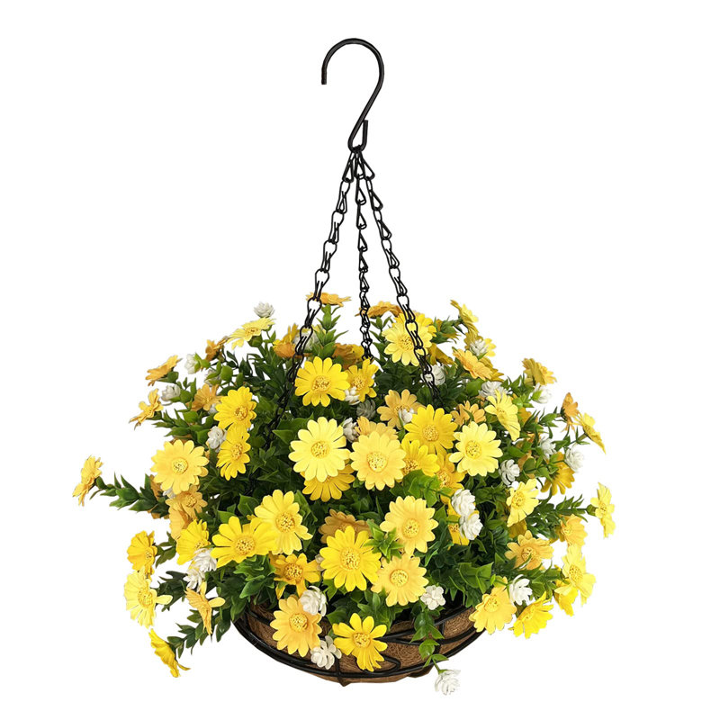 Fleurs artificielles suspendues dans un panier, Jaune