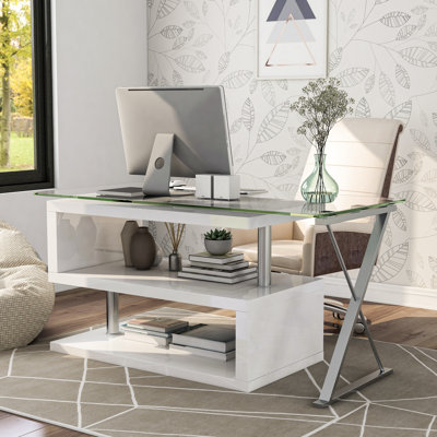Kelford 59.3"L X 23.6"W Glass Top L-Shaped Writing Desk