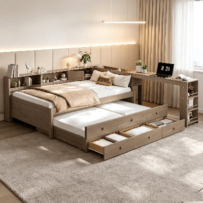 Lit de jour en bois, lit de jour avec couchette et tiroirs de rangement, cadre de lit de jour en bois avec tablettes latérales et bureau, mobilier de lit de jour convertible, cadre de lit de jour en bois massif multifonctionnel pour chambre à coucher