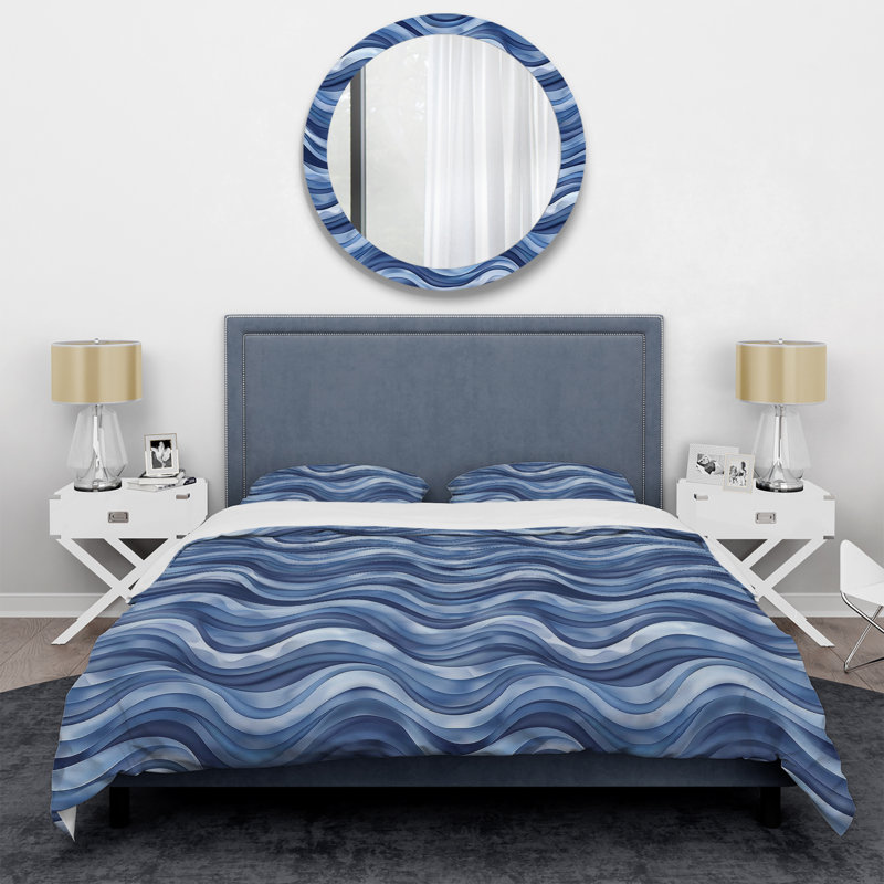 Ensemble de housse de couette Modern White Waves I - blanc et bleu, Housse de couette pour grand lit et 2 taies décor