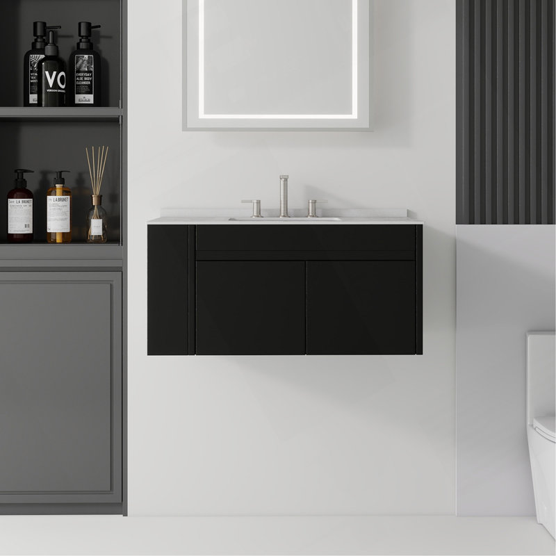 Meuble-lavabo flottant 36 po avec lavabo, porte à fermeture douce, comptoir en granite blanc 0,6 po et dosseret, contreplaqué
