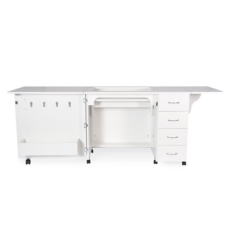 Ash White Foldable Sewing Cabinet with Drawers and Wheels