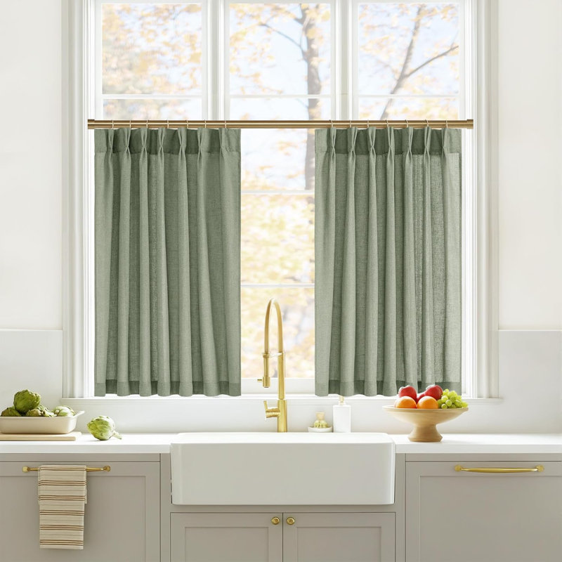 Pinch Pleated Linen Valances for Windows, 2 Panels Set Farmhouse Light Filtering Small Sheer Curtains for Cafe Bar Kitchen Over Sink Christmas Decor
