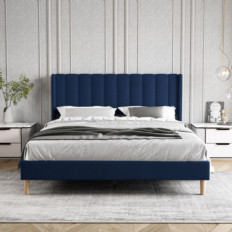 Lit plateforme tapissier, Grand, Bleu