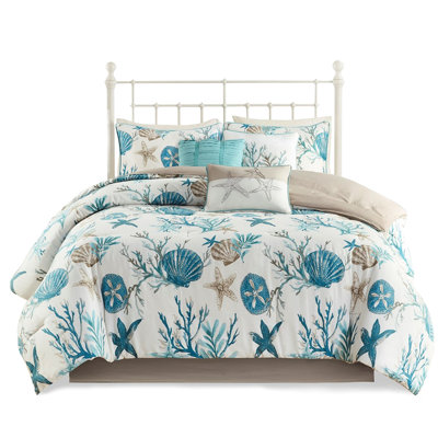 Édredon 7 pièces en mélange de coton avec imprimé coquillages et coraux en tissu bleu sarcelle
