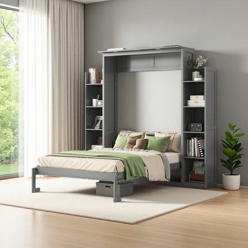 Lit escamotable double pleine grandeur avec tablettes et lumières DEL, Gris