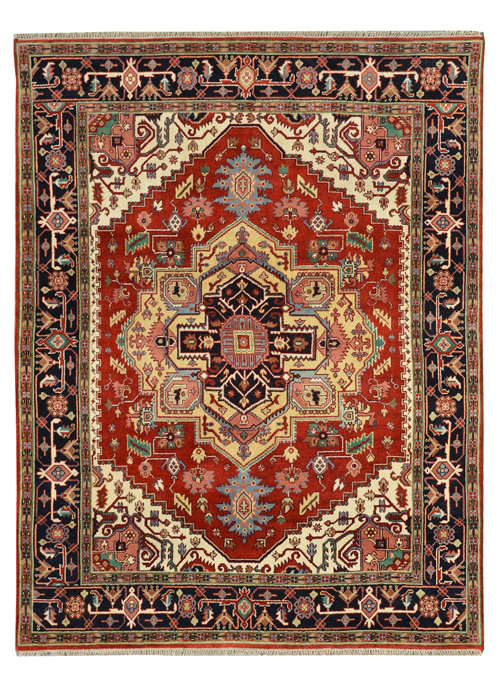 Tapis rouge / noir noué à la main, 10' x 14'
