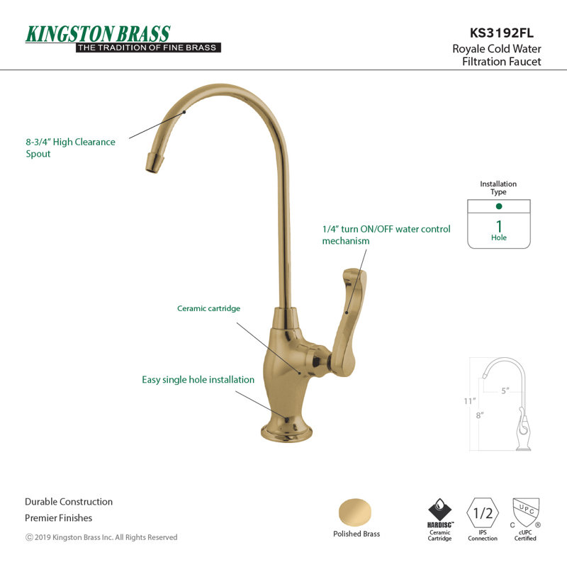 Robinet de filtration d'eau monocommande à 1 trou Kingston Brass Royale, Laiton poli