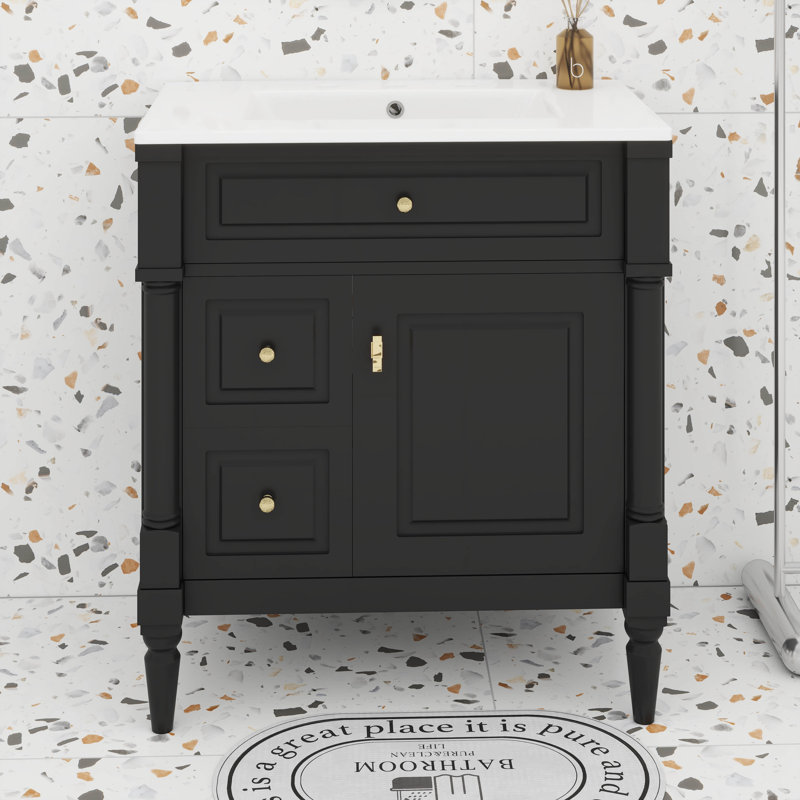 Meuble-lavabo de salle de bain avec lavabo en céramique, 2 tiroirs et rangement à porte rabattable, tablette réglable, Noir