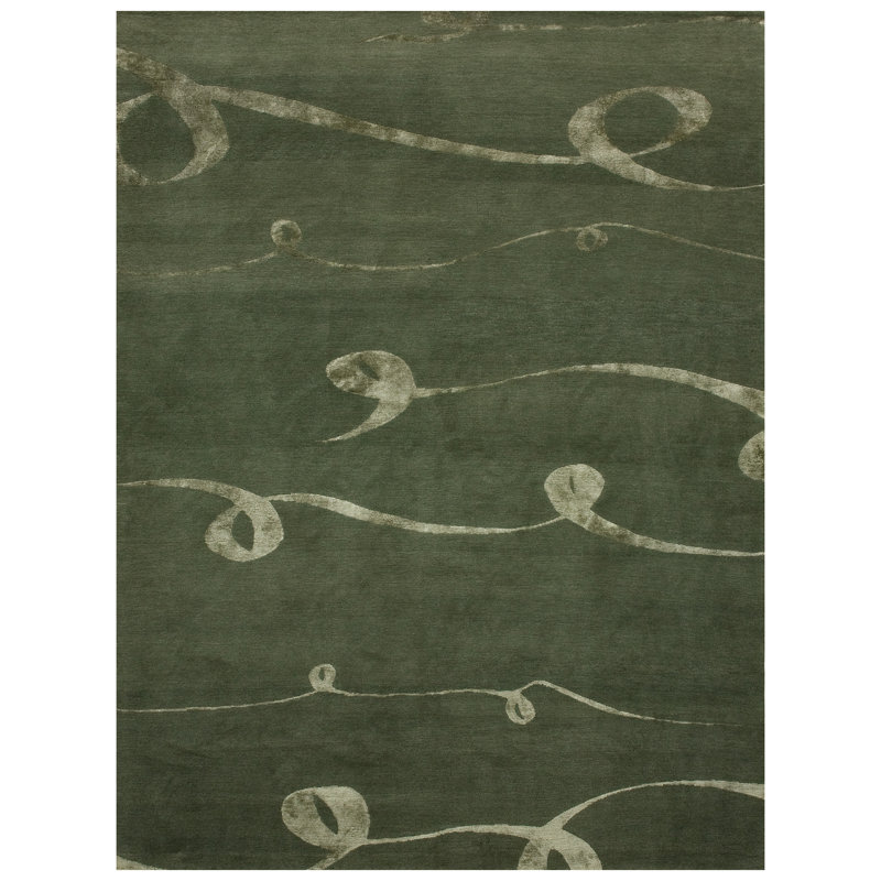 Tapis vert / gris en soie / laine noué à la main, Rectangle 4 pi x 6 pi