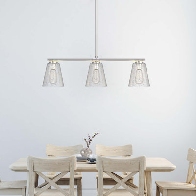 3-Light Brushed Nickel Island Pendant Light with Clear Seeded Glass Cone Shades