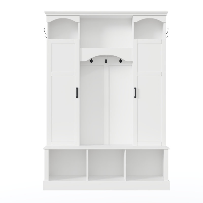Pollen Modern Farmhouse Hall Tree with Storage Bench, Adjustable Shelves & 7 Hooks, White