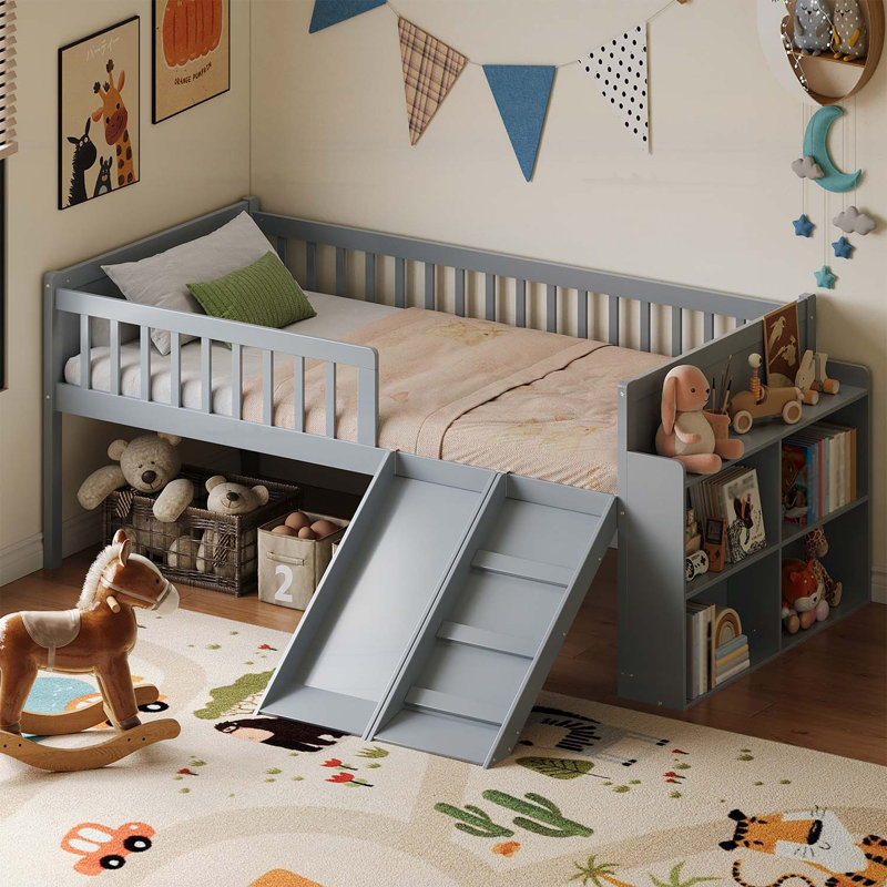 Lit plateforme simple avec tablette de rangement, glissoire et échelle, Gris