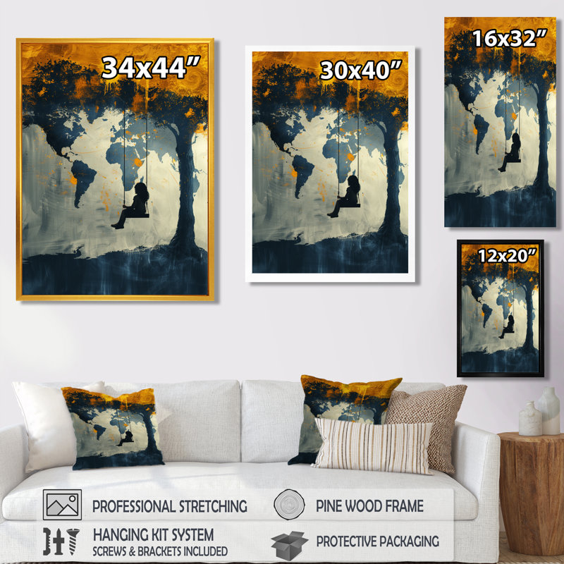 Jaune jaune noir carte du monde aire de jeu Silhouette II - carte du monde décoration murale, Cadre flottant brun