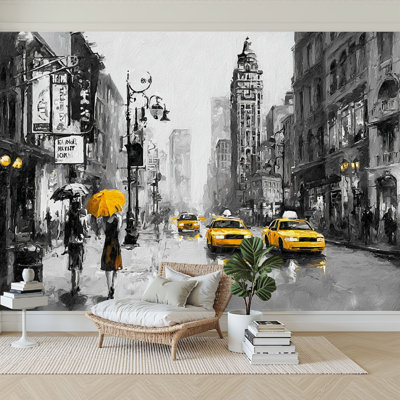 Peel and Stick Wallpaper 144" W x 100" H Modern Self Adhesive Wall Mural for Bedroom Oil Painting Canvas Street Urban Skyline Town Landmark Architecture