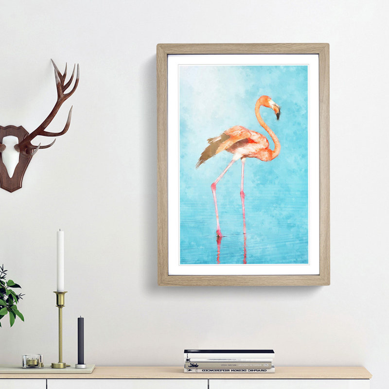 Flamingo Bird - Picture Frame Painting Print, Oak Framed, 45cm H x 33cm W x 2cm D