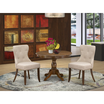 5Pc Dining Room Set Round Table and 4 Parson Dining Chairs - Antique Walnut Color