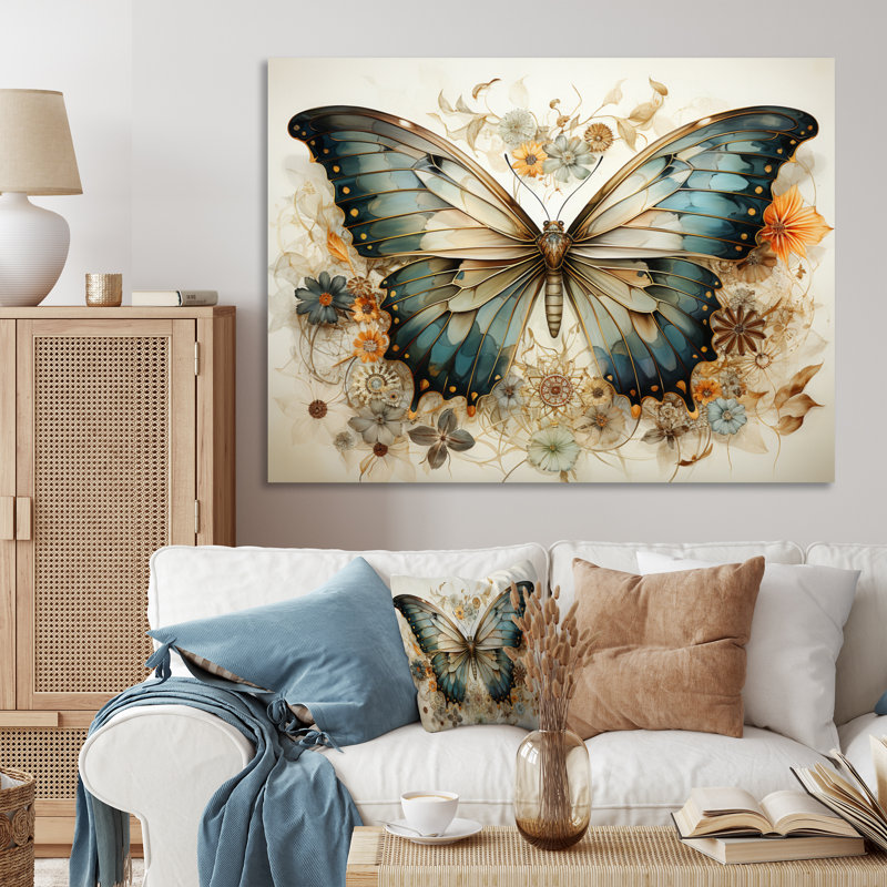 Papillon beige sarcelle, motifs complexes - art mural papillon, Toile tendue, H 24 po x l 32 po x P 1 po