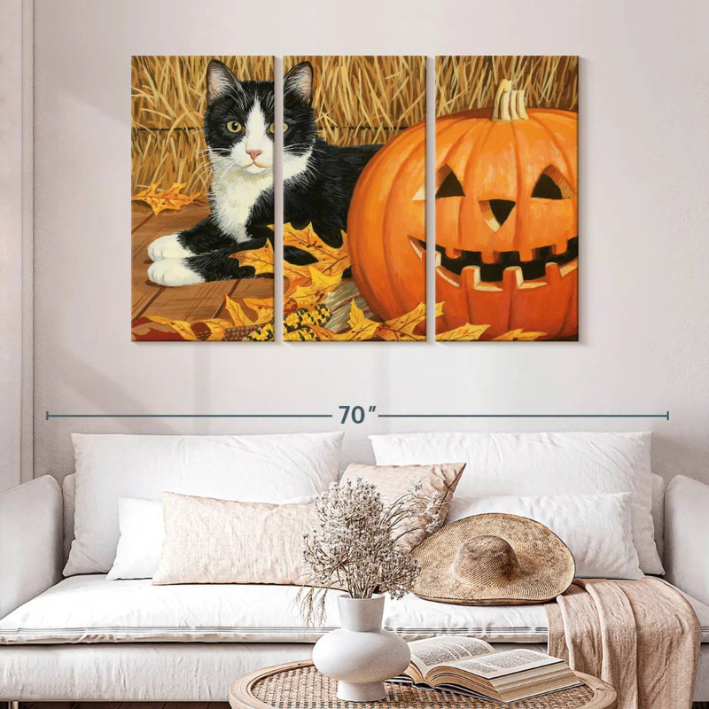 Citrouille d'Halloween et chaton noir, H 32 po x l 50 po