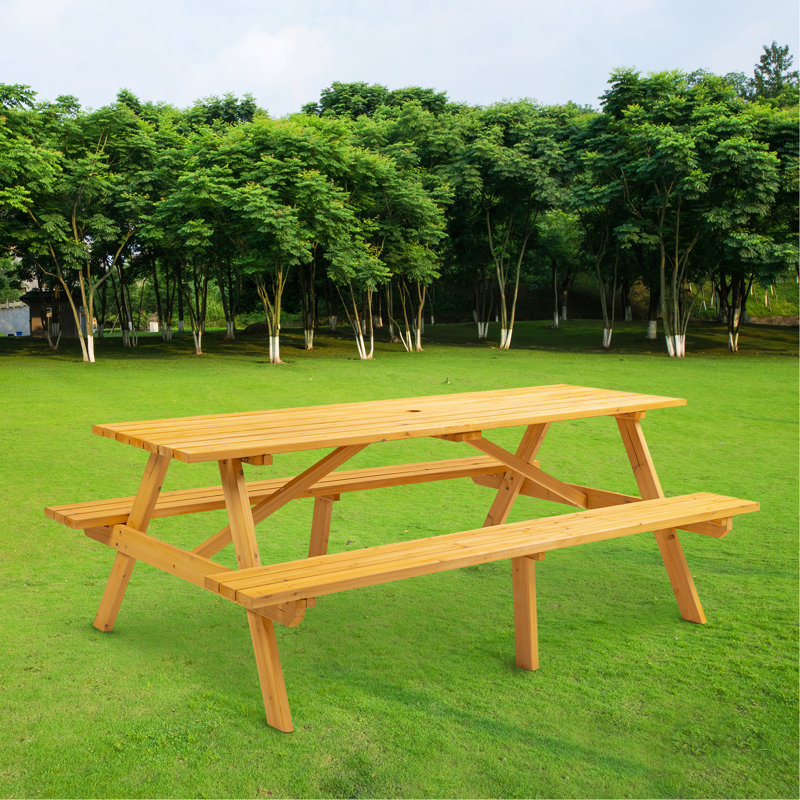 8 Person Wooden Picnic Table, Outdoor Camping Dining Table With 2 Seats, Garden, DIY With 2 Built-In Benches, 2220Lb Capacity