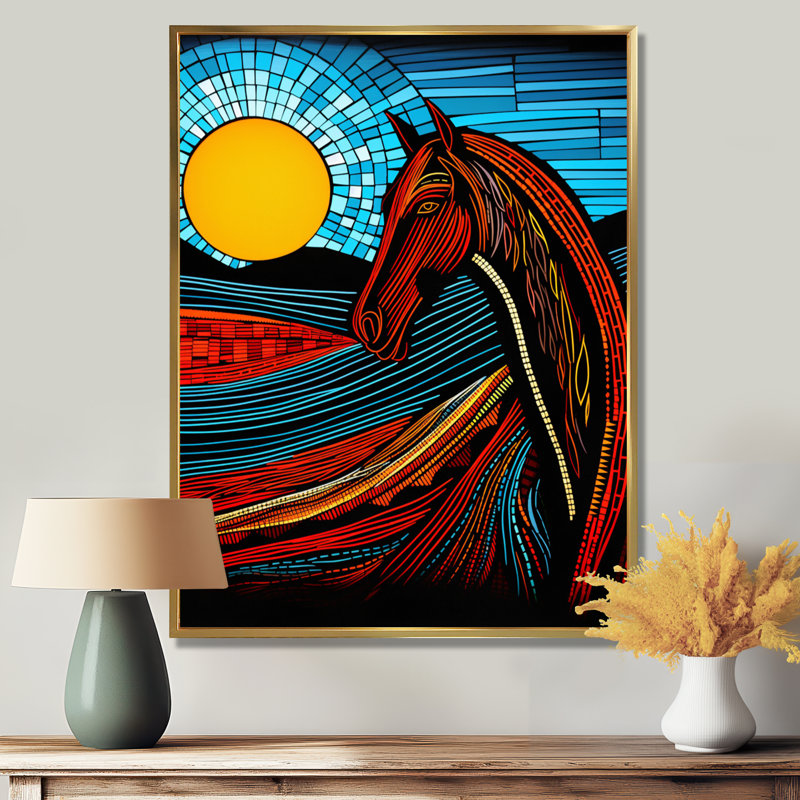 Pleine lune cheval abstrait, art mural cheval, Toile flottante dorée encadrée, H 20 po x l 12 po