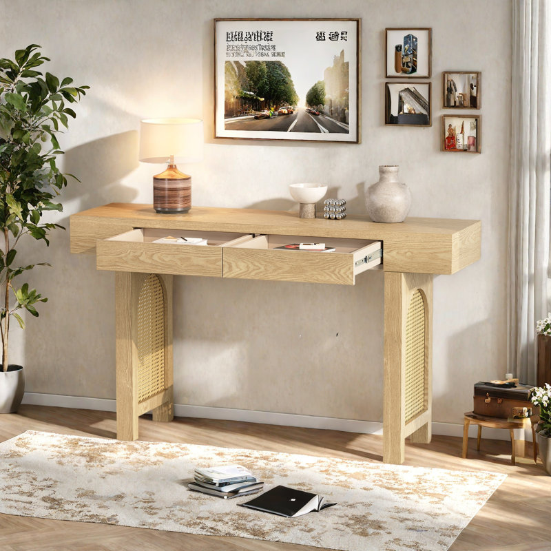Console étroite avec décorations en rotin, table d'entrée au fini bois naturel avec tiroirs de rangement, élégante table de canapé rustique pour le salon et le couloir