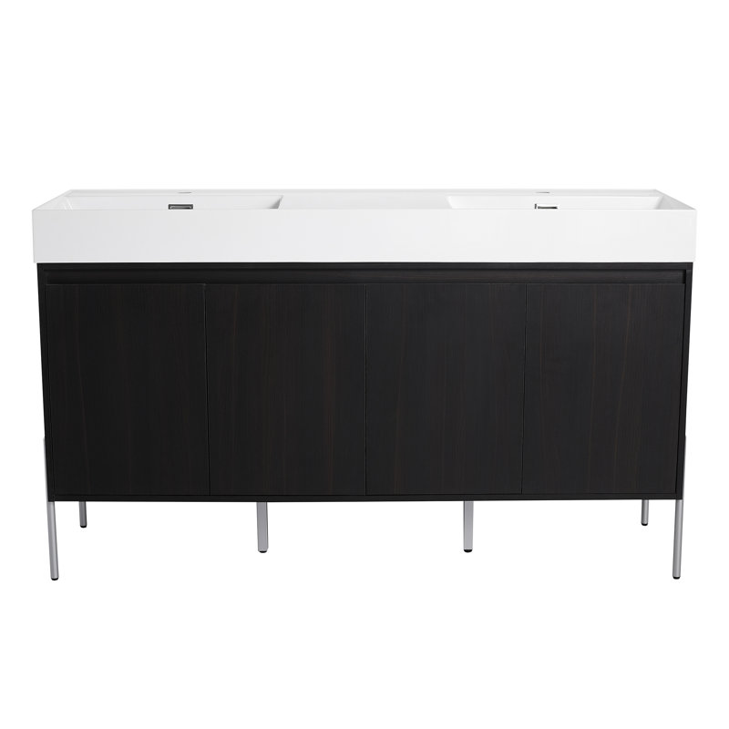 Meuble-lavabo autoportant 60 po avec double lavabo en résine, armoire de rangement avec portes à fermeture douce (ensemble KD)