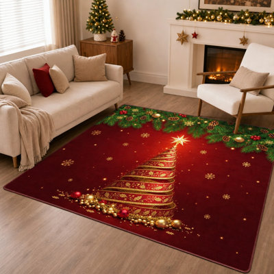 Conception d'arbre de Noël de 1 pièce - tapis festif et imprimé, facile à nettoyer, grand tapis mince, envers antidérapant, adapté pour le salon, la chambre à coucher, la cuisine et le bureau à l'intérieur pour la maison
