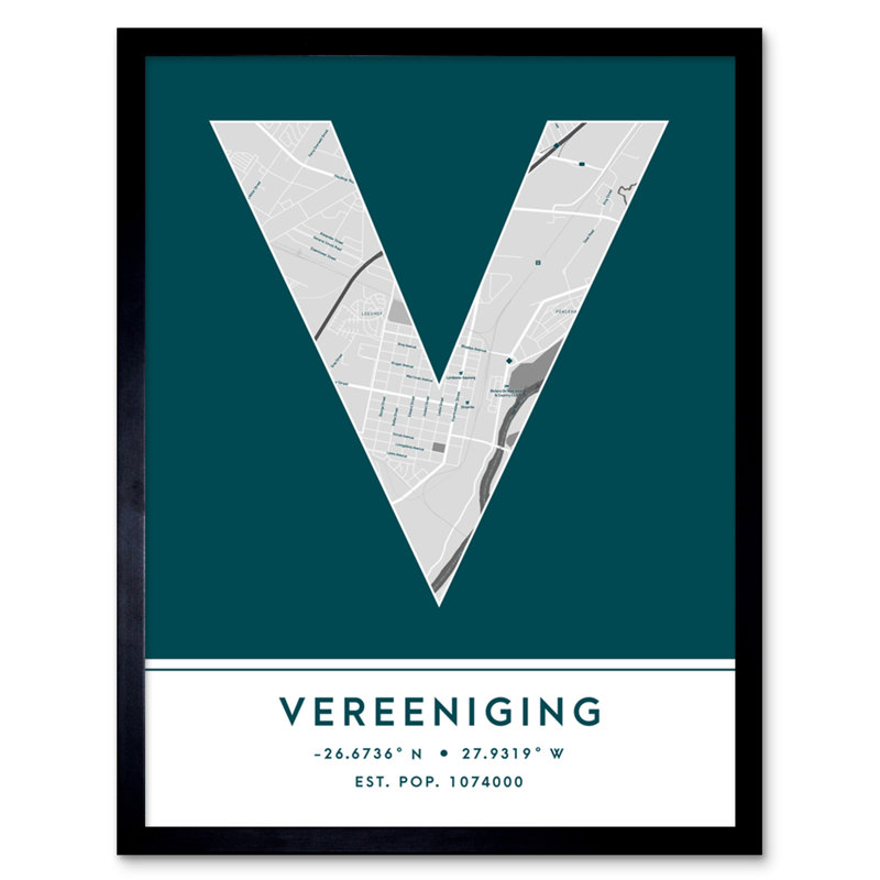 Vereeniging City Map Vereeniging Teal by Wee Blue Coo - Single Picture Frame Typography