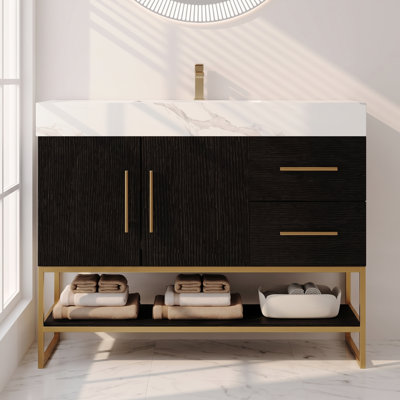 36'' Black Freestanding Single Bathroom Vanity with Ceramic Sink and Soft White Veined Sintered Stone Top