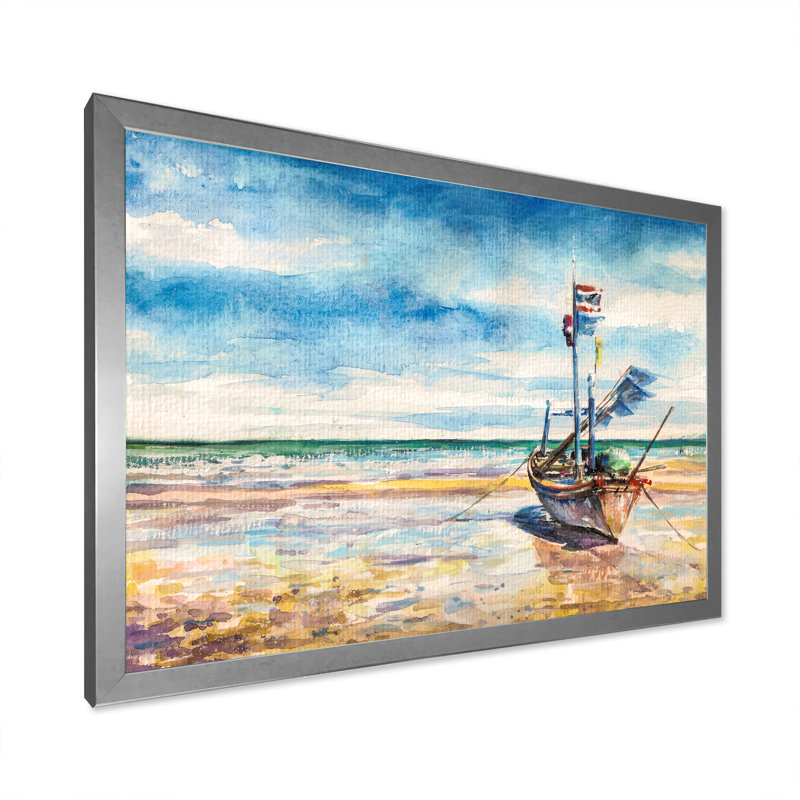 Bateau de pêche dans l'océan tropical - reproduction d'art sur toile, H 8 po x l 12 po x P 1 po, Cadre photo argenté