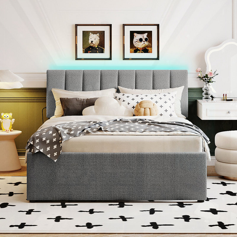 Lit plateforme tapissier Teddy, Gris, Complète