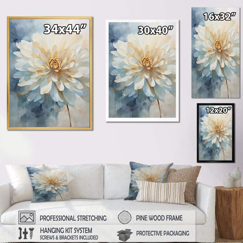 «White and Blue Dahlia Flower Minimalisme I» sur toile imprimée, Cadre simple argenté, H 20 po x l 12 po x P 1 po