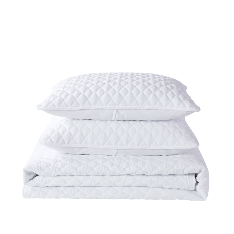 Diamond Stitch Quilt Set, King Quilt + 2 King Shams, White
