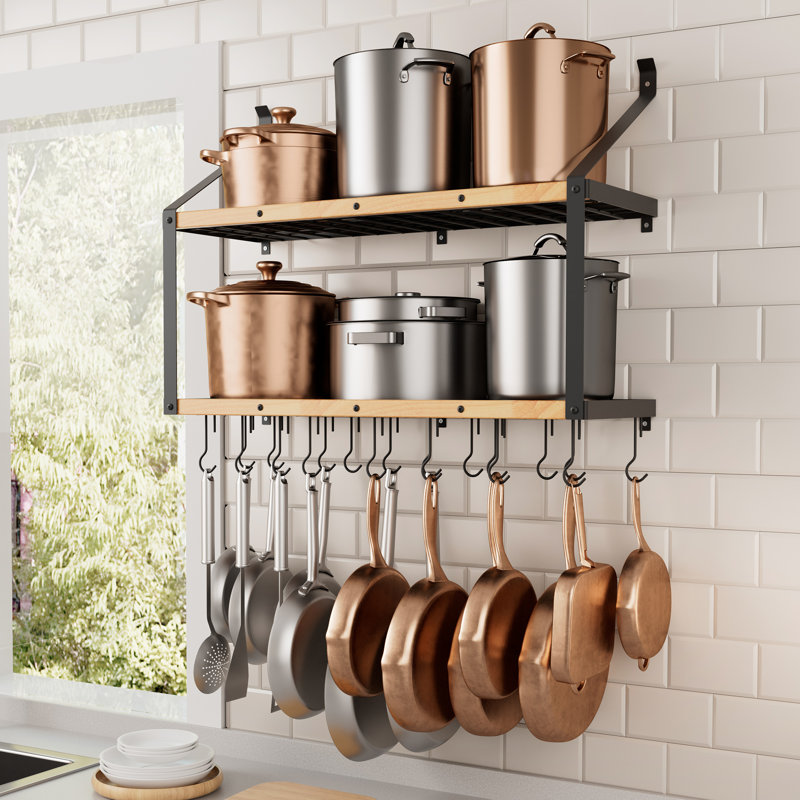 2-Tier 34 Inch Wall Mount Pot Rack 132lbs Heavy Duty With 20 Sturdy Hooks Matte Black