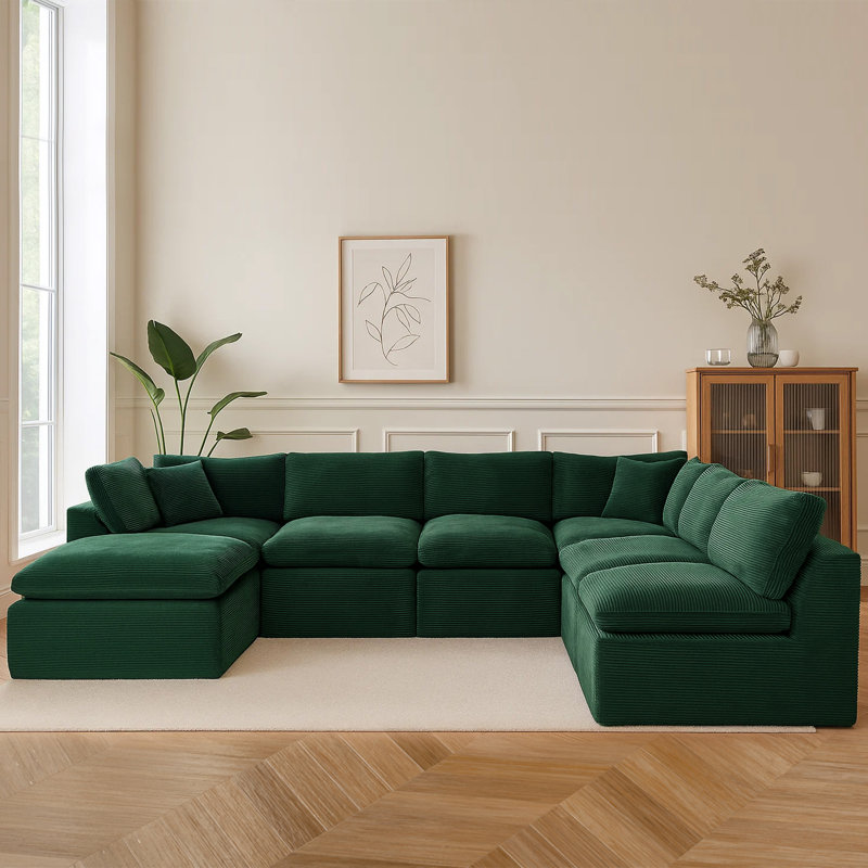 7 - Piece Slipcovered Corduroy Sectional Sofa Sleeper Couch, Green Corduroy