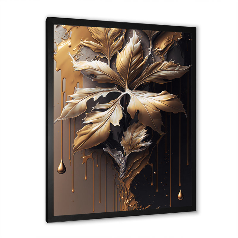 «Gold Abstract Leaves I», reproduction sur toile, H 20 po x l 12 po x P 1 po, Toile encadrée noire à coins fermés