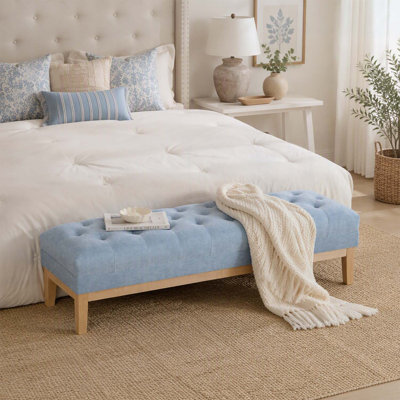 Banc ottoman capitonné en similicuir de 160 cm de large avec pieds en bois d'hévéa finition Seadrift, idéal pour la chambre et le salon