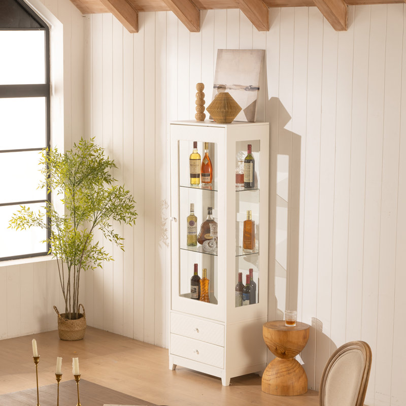 71'' Freestanding Wine Cabinet With Adjustable Shelves, Upholstered Doors, 2 Storage Drawers, Glass Door, 5 Colors Led Ceiling , 180° Panoramic View For Dining Room Style - White Elements,
