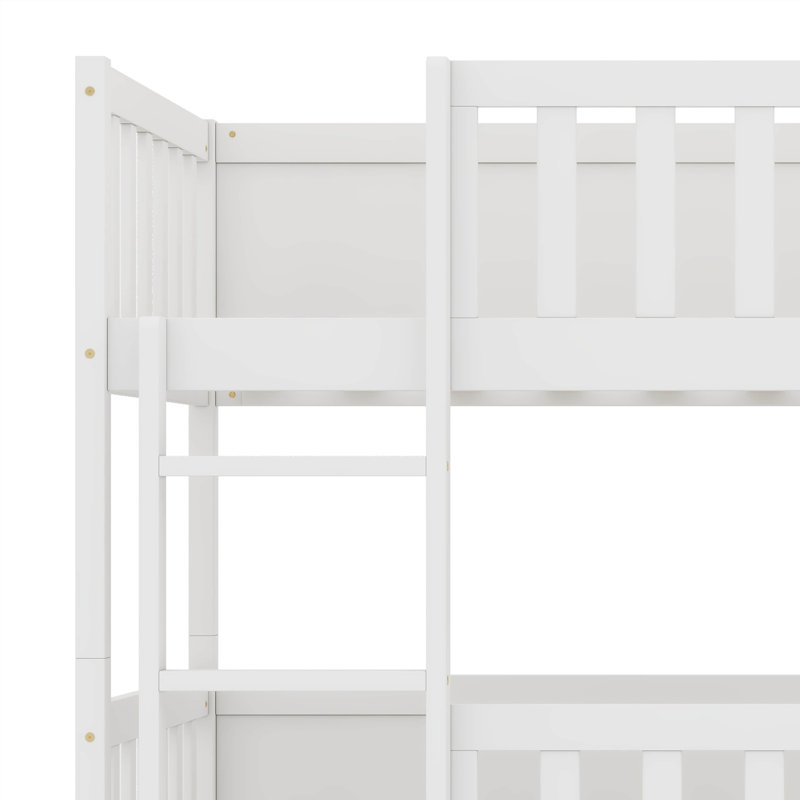 Keiya Twin Over Twin Over Twin Triple Rubber Wood Bunk Bed, With Ladders, Guardrails Detachable Bunk Bed, White