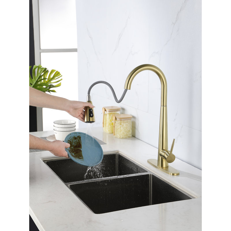 Robinet de cuisine rétractable en or - empreinte digitale, installation monotrou sur le comptoir, buse à torsion 360 °, empreinte digitale en acier inoxydable de qualité, fixation par trou, bec de refoulement, acier robuste