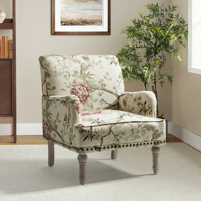 Antoan 28.7"W Floral-Print Upholstered Armchair, Beige/Pink Polyester Blend