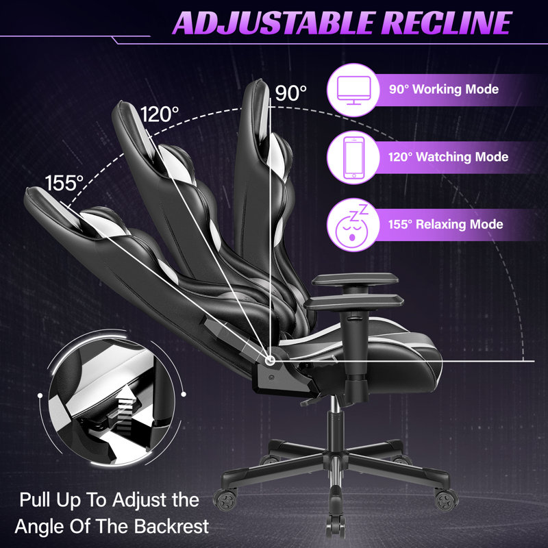 White and Black PU Leather Ergonomic Gaming Chair with Lumbar Support