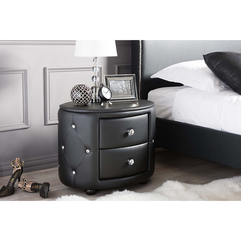 Davina 2-Drawer Nightstand in Black Faux Leather Upholstery, 20'' H X 25'' W X 18'' D, Black