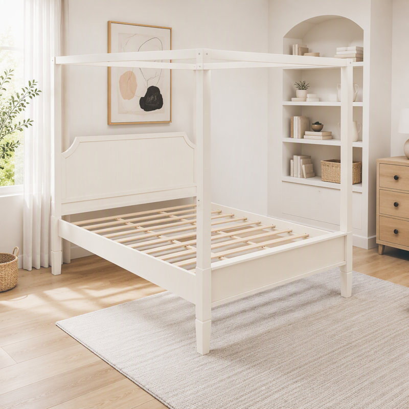 Lit plateforme à baldaquin en bois avec tête de lit et pieds de support, Grand lit, Blanc crémeux